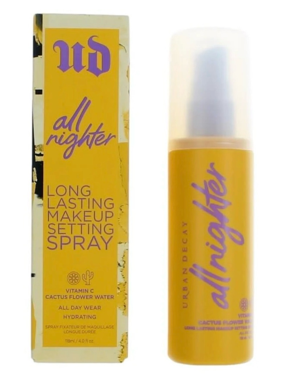 Urban Decay All Nighter Setting Spray — Yellow & Purple Text